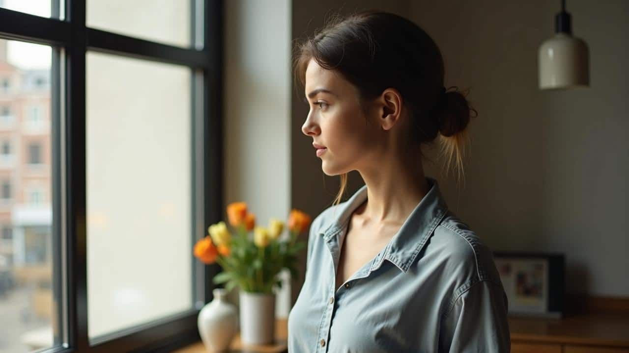 Mujer sentada en una mesa bebiendo de una taza, con un cuaderno abierto y auriculares al lado, junto a una ventana.