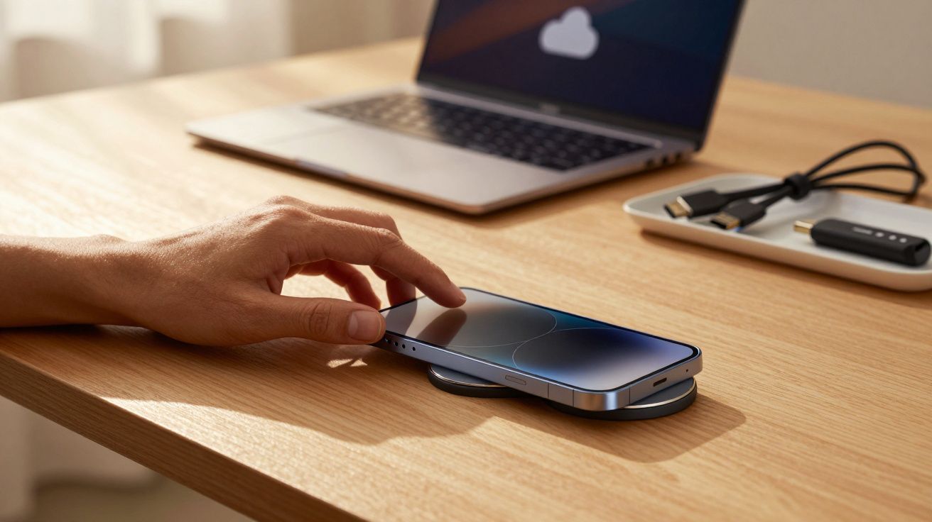 Mano tocando un smartphone sobre un cargador inalámbrico en una mesa de madera. Al fondo, un portátil y cables.