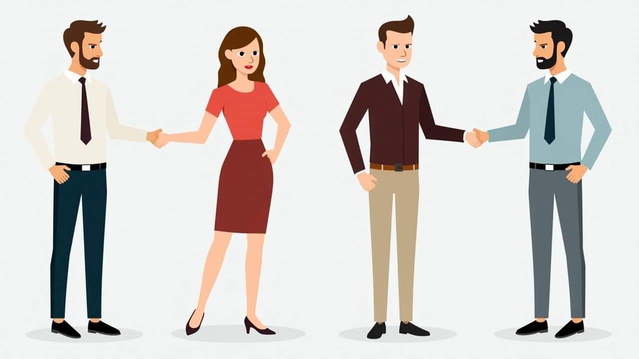 Pareja intercambiando nota en cafetería, con café y croissant sobre la mesa. Otra pareja conversando al fondo.