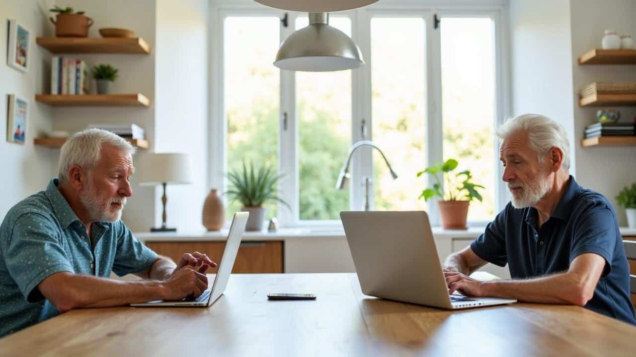 Pareja de ancianos con tablet revisando finanzas en casa, ella sostiene un bolígrafo, él cuenta billetes sobre la mesa.