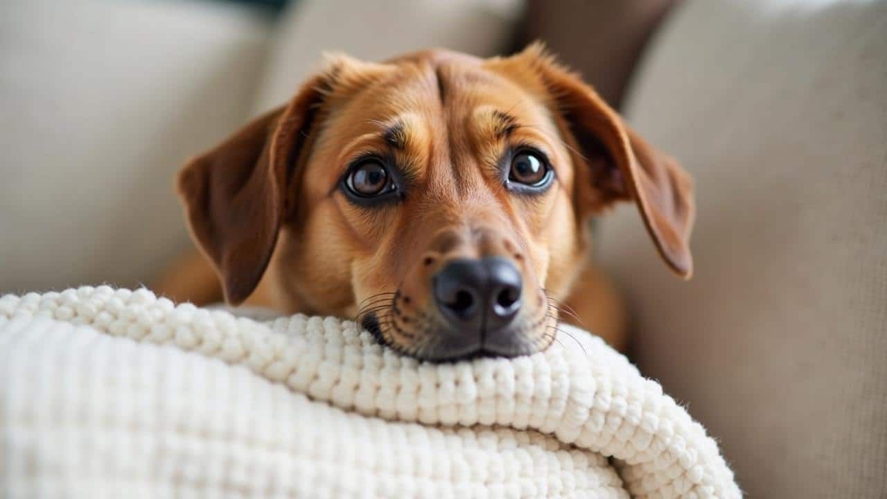 Persona usando un smartphone y smartwatch, acariciando a un perro en una sala de estar con luz natural.