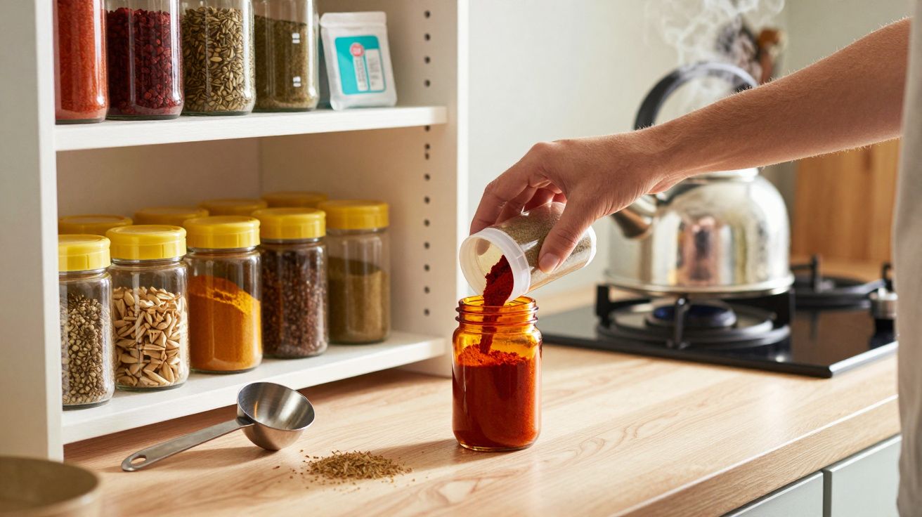 Mano vertiendo especia roja en un tarro en la cocina, con especias en estantes y tetera en el fondo.
