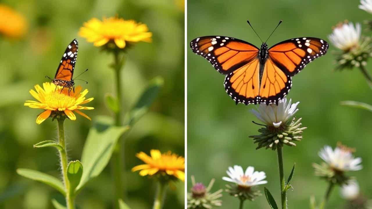 Manos cuidando flores naranjas con mariposas monarca en un jardín, regadera y paquete de semillas en primer plano.