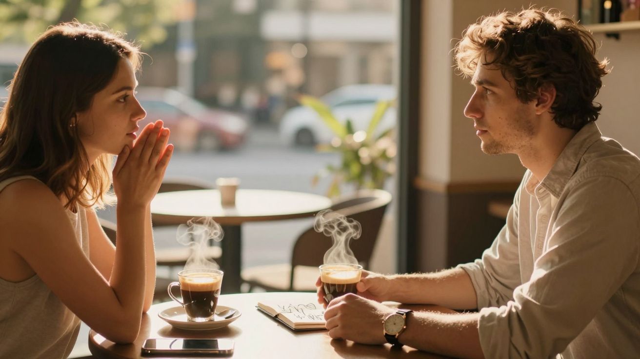 Pareja conversando en una cafetería, con tazas de café humeante sobre la mesa y luz natural entrando por la ventana.