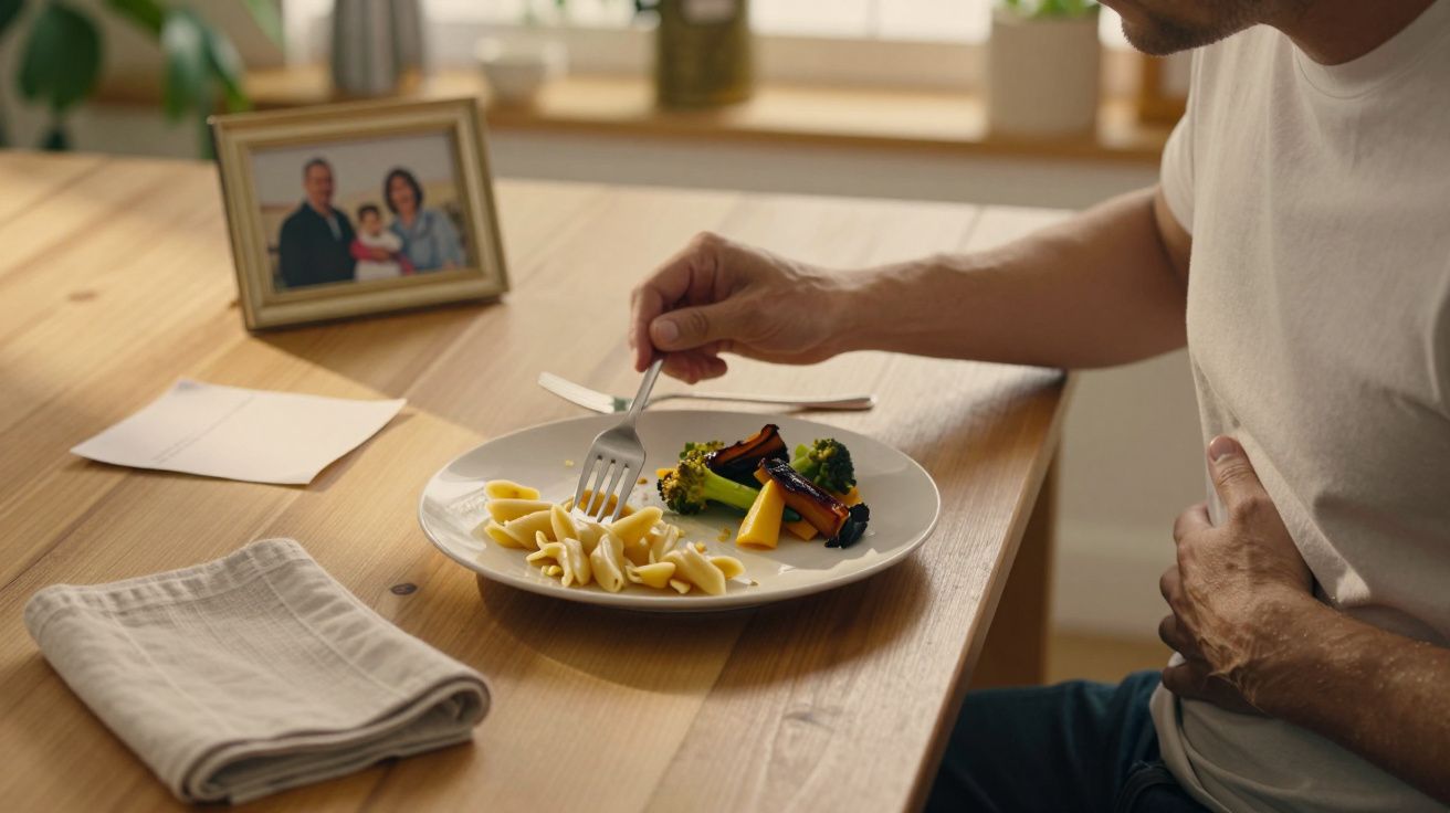 Persona comiendo pasta y verduras en una mesa de madera, con una foto familiar y una servilleta al lado.