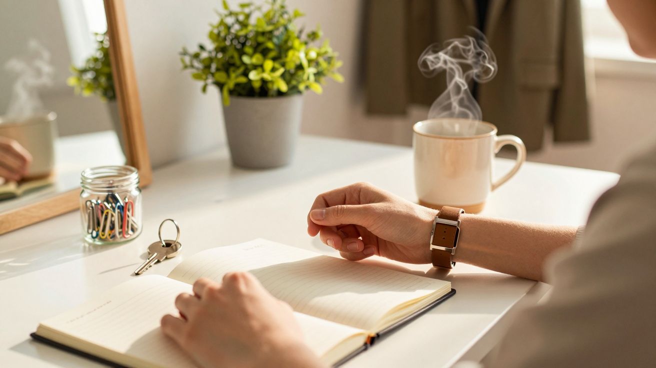 Persona tomando notas en un cuaderno sobre un escritorio con taza de café, planta y llaves.