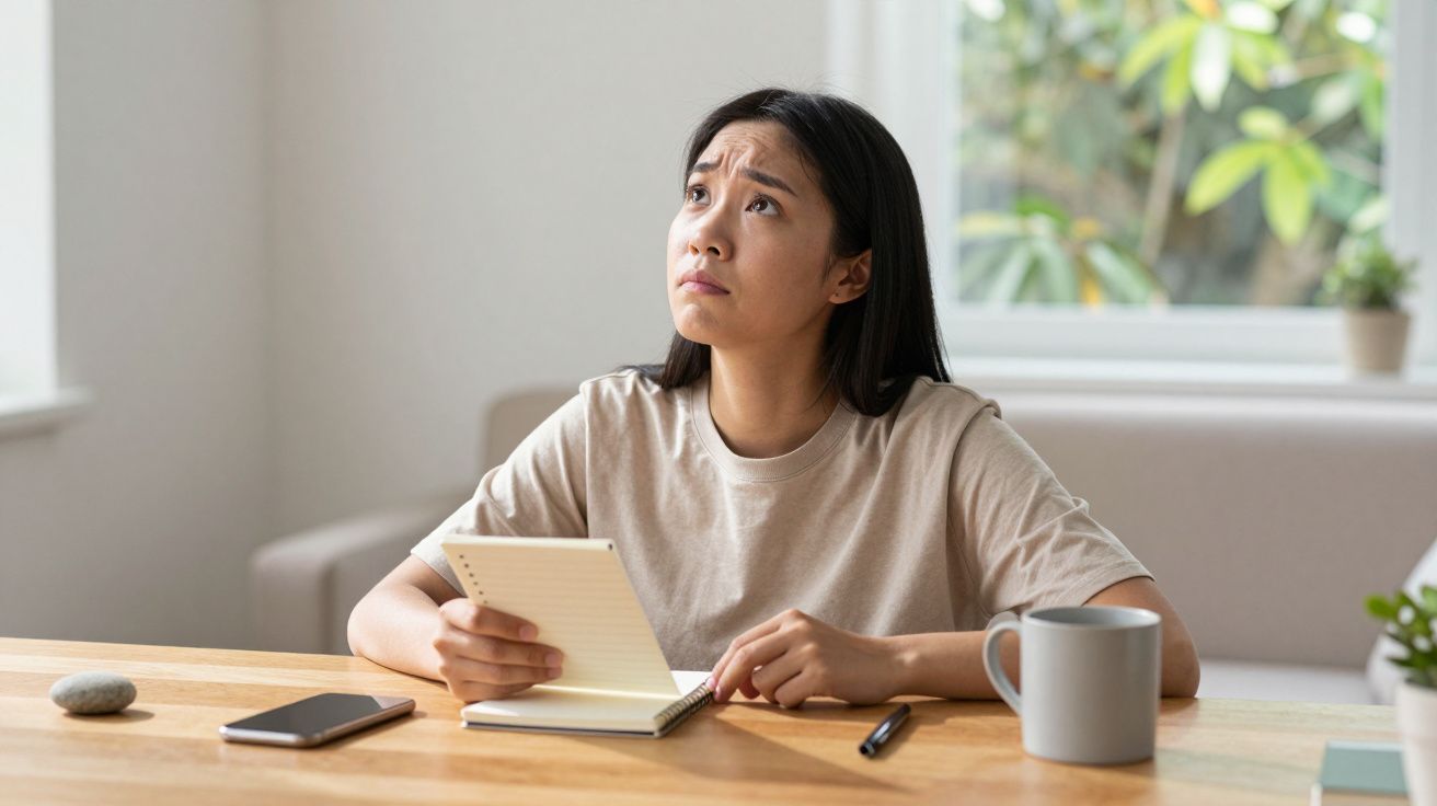 Mujer pensativa con libreta en mano, sentada en una mesa junto a una taza y un teléfono móvil.