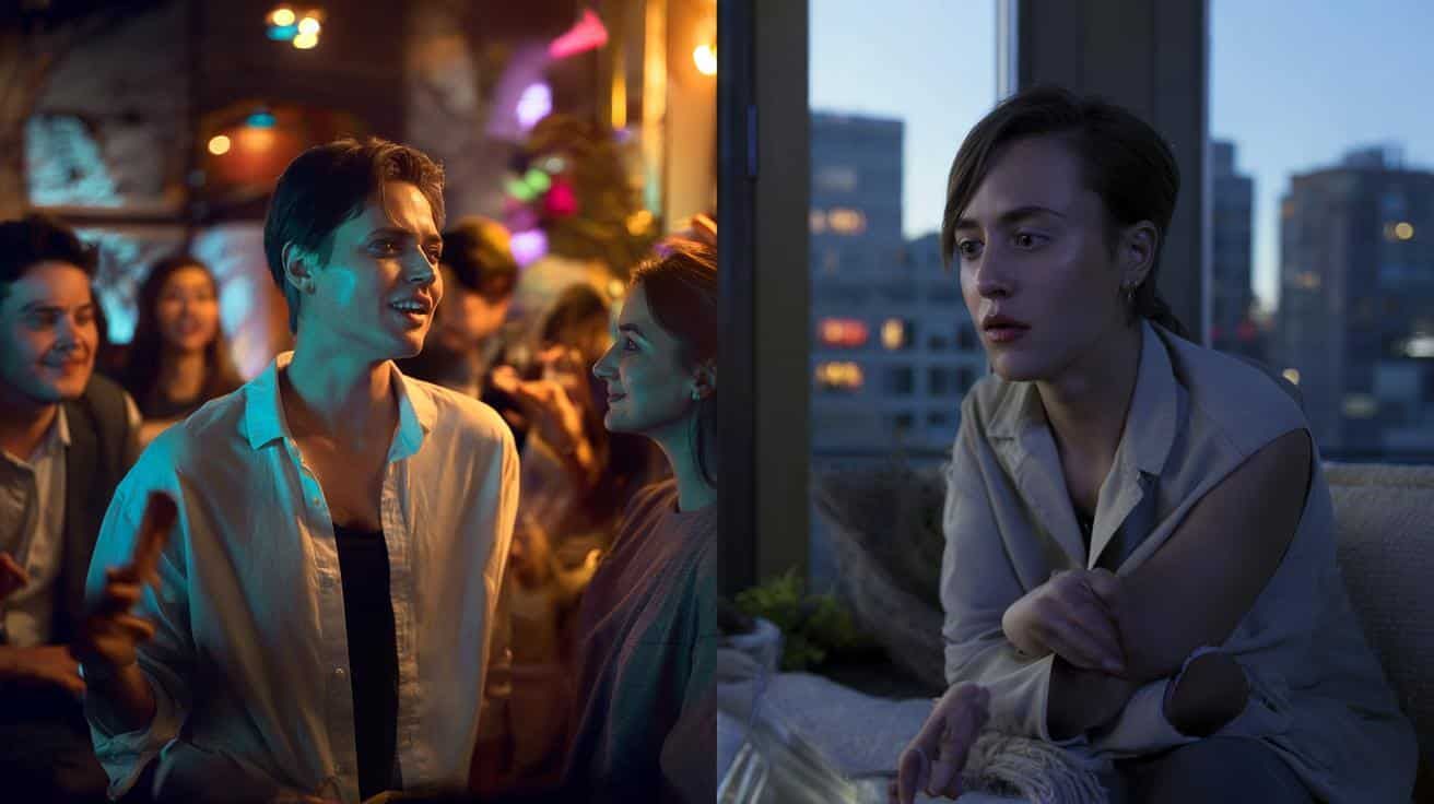 Grupo de jóvenes sentados conversando. Uno está aparte mirando su muñeca. Mesa con frutas y cuaderno.