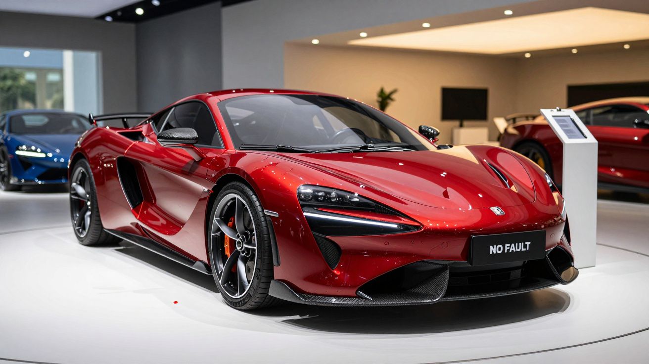 Coche deportivo rojo brillante en exhibición en un showroom moderno, con diseño aerodinámico y luces LED delanteras.