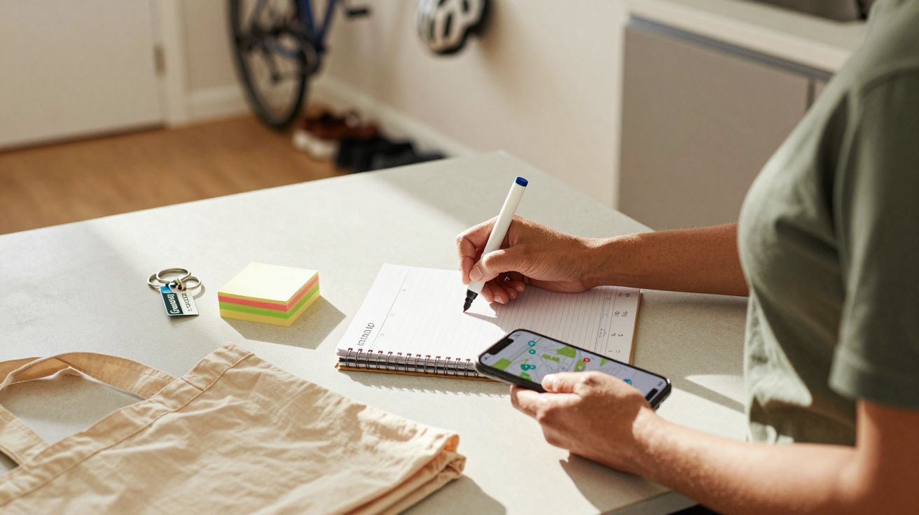 Persona tomando notas en un cuaderno mientras sostiene un móvil, con post-its y llaves sobre la mesa.