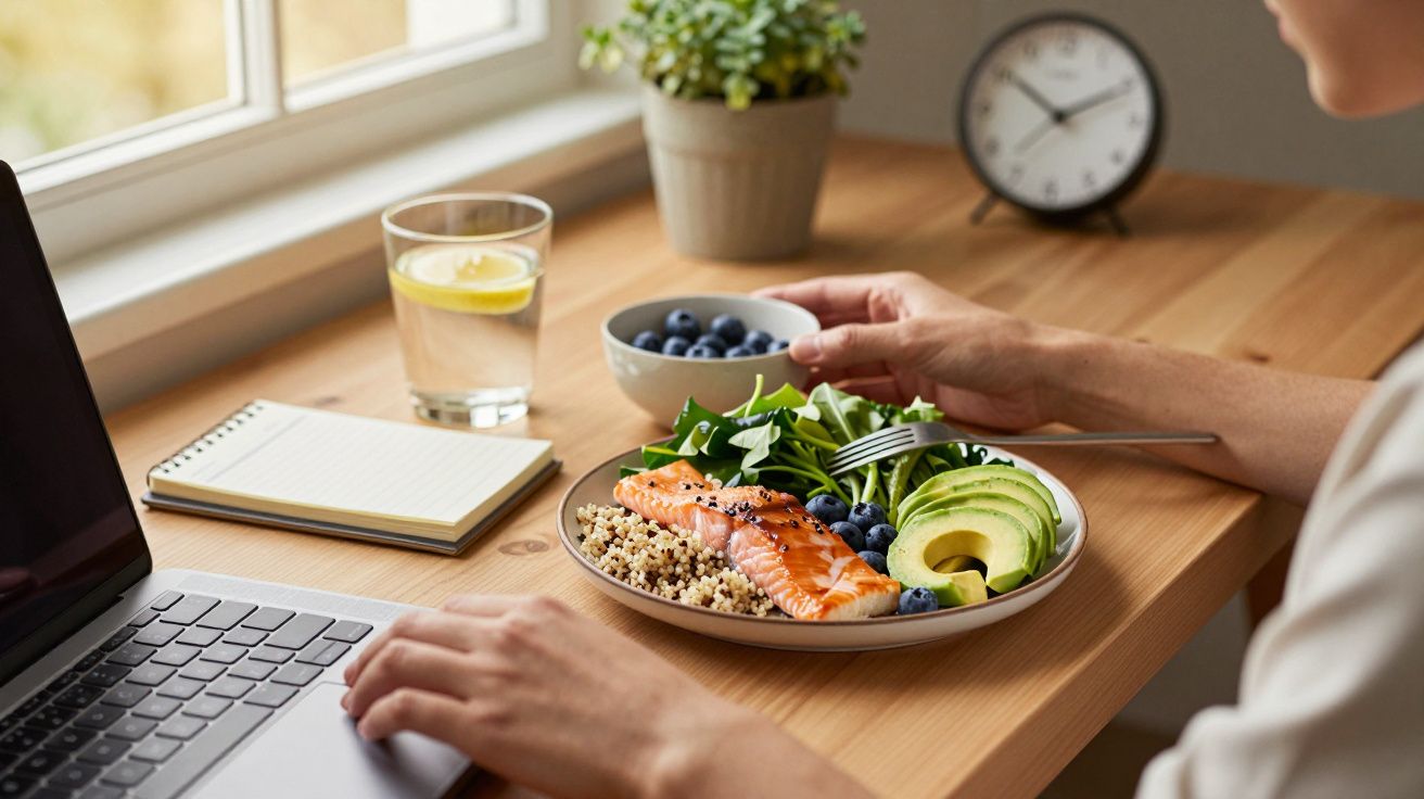 Persona con plato de salmón, aguacate y quinoa en escritorio, junto a portátil, vaso de agua y cuenco de arándanos.