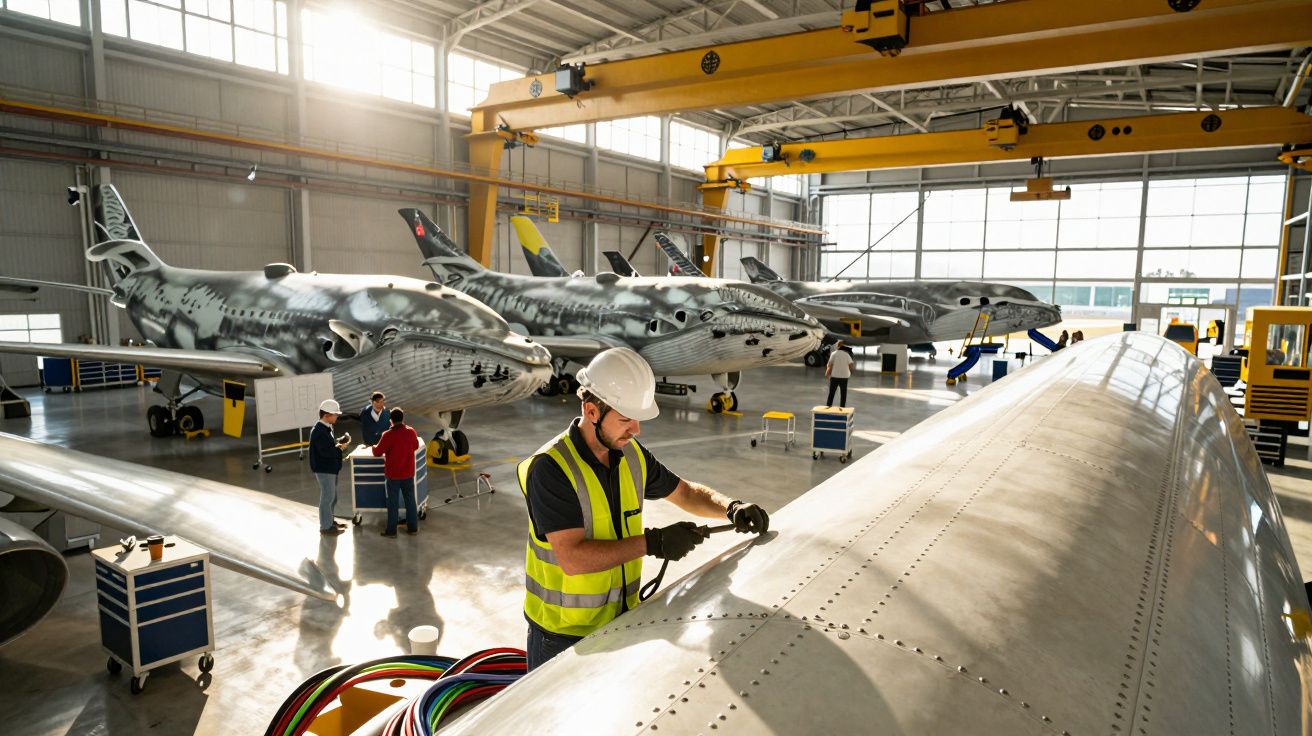 Técnico trabajando en un ala de avión en un hangar, con varios aviones de combate camuflados al fondo.