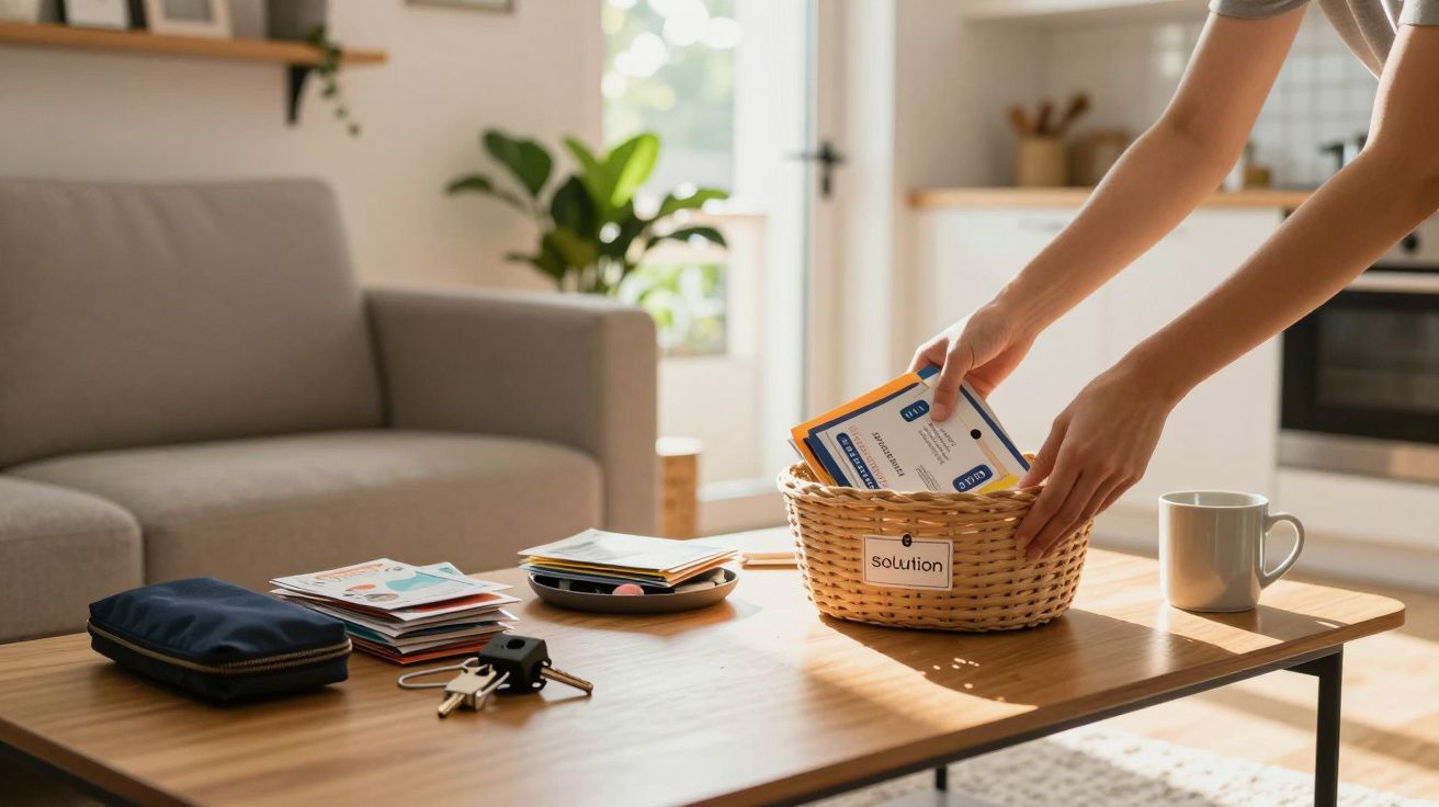 Manos organizando objetos en una cesta sobre una mesa de centro, en una sala de estar luminosa y ordenada.