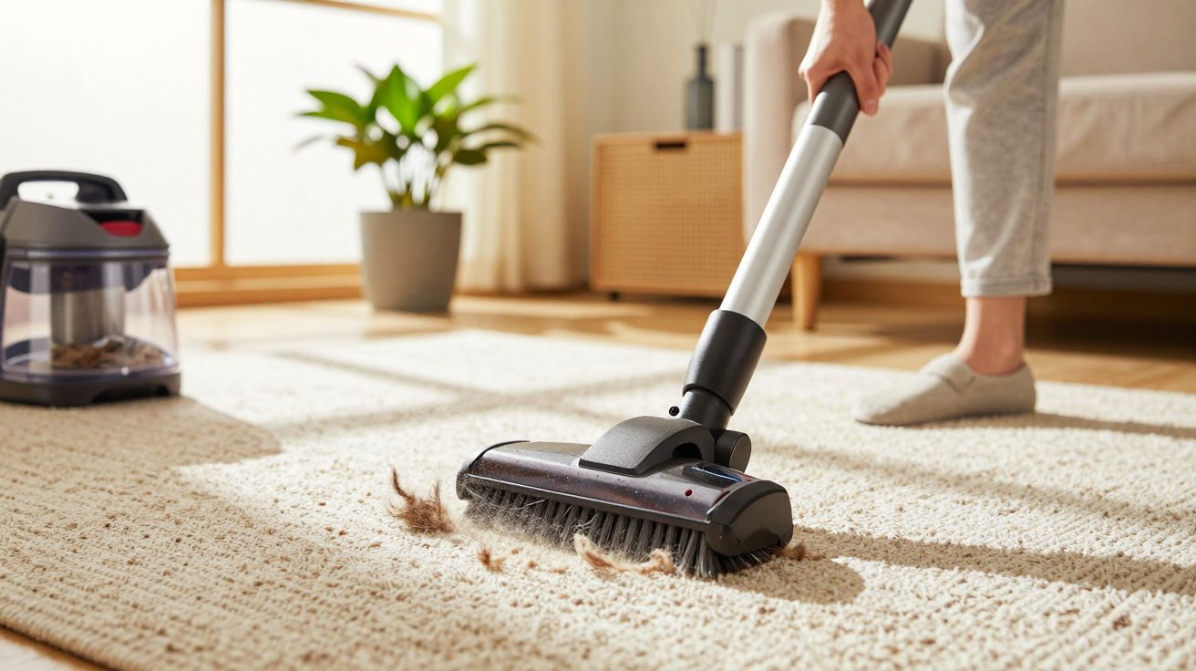Persona aspirando alfombra beige en salón, recogiendo pelos de mascota. Plantas y muebles de madera al fondo.