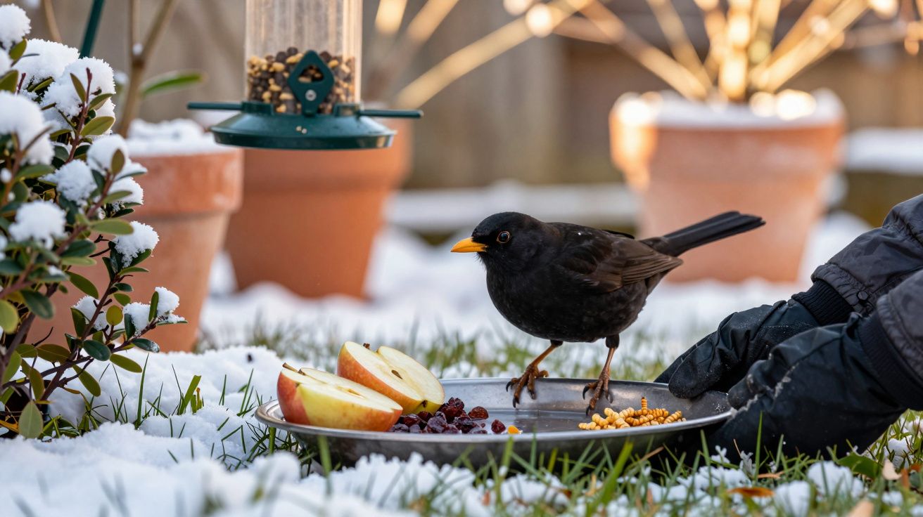 Mirlo negro come manzanas y bayas de un plato en un jardín nevado con macetas de fondo.
