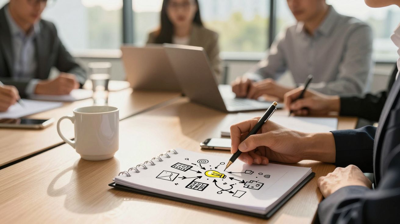 Reunión de trabajo en oficina, persona dibuja diagramas en cuaderno mientras otras usan portátiles.