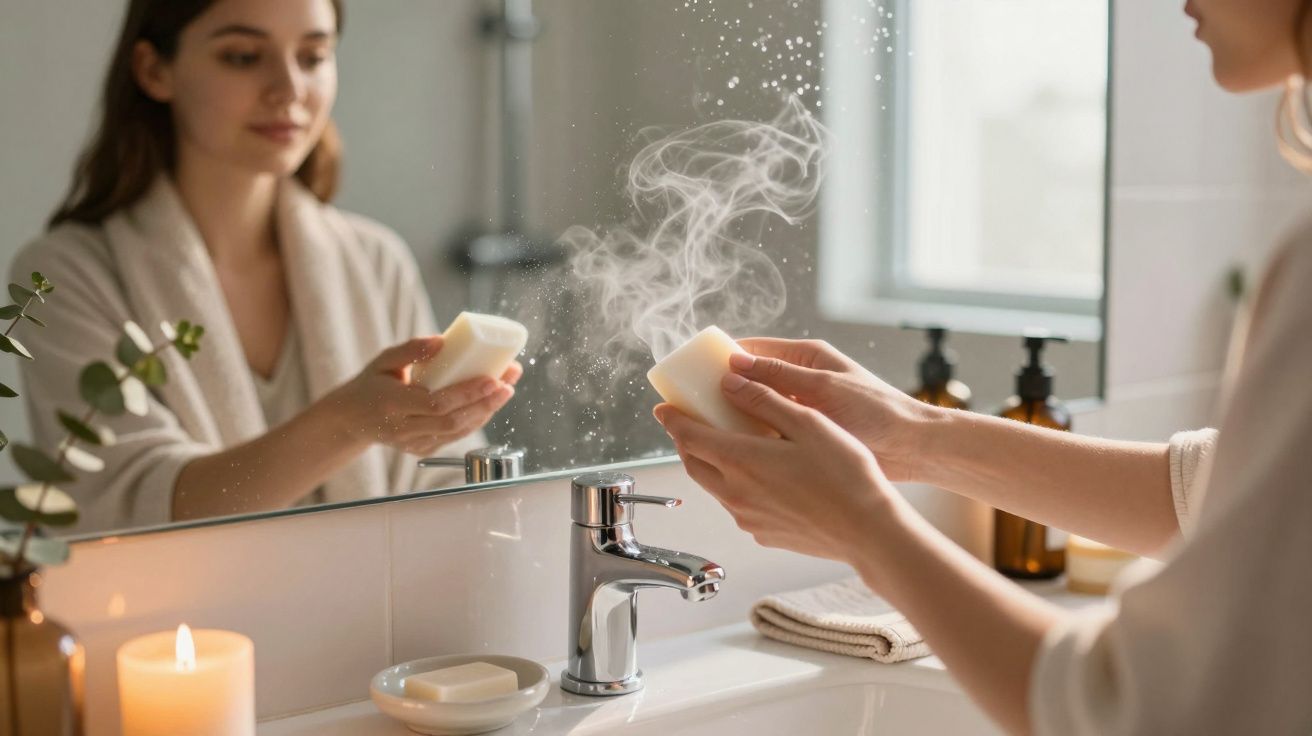 Mujer en un baño sosteniendo una pastilla de jabón, con vapor y un espejo al fondo.