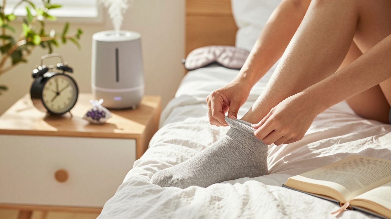Persona ajustando calcetín en cama junto a mesita con reloj, humidificador y libro abierto.