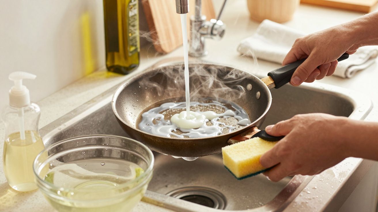 Manos fregando una sartén bajo el grifo con esponja y jabón en una cocina.