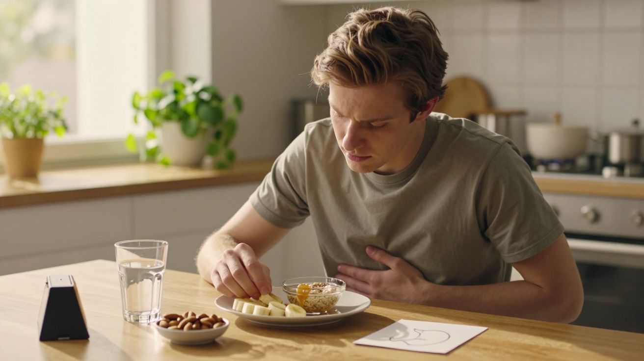 Hombre joven en cocina, sentado frente a plato con miel y manzana. Taza con almendras y vaso de agua están a su lado.