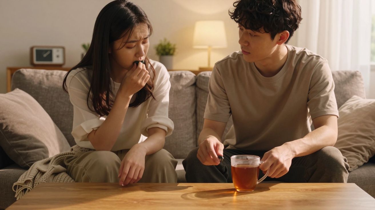 Pareja sentada en un sofá, él sostiene una taza de té, ella parece pensativa, iluminados por una lámpara de mesa.