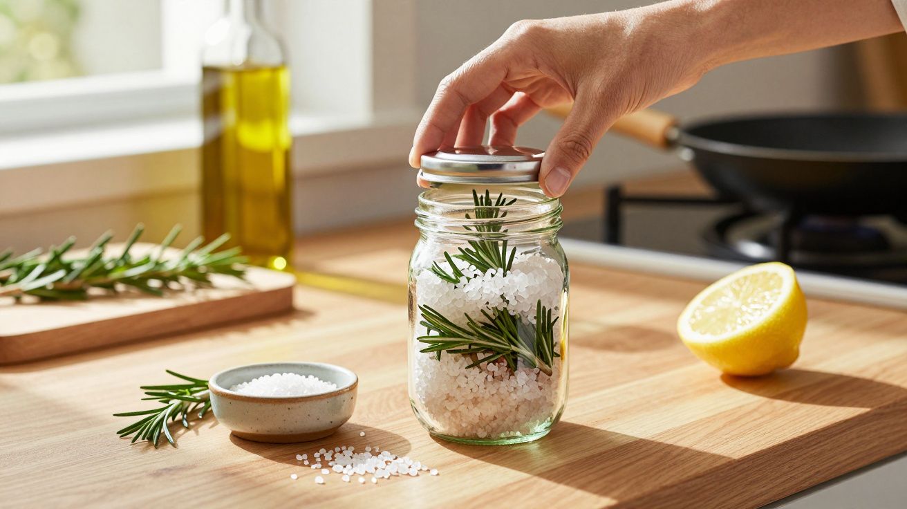 Mano cerrando un tarro con sal y romero en una cocina, junto a medio limón y aceite.