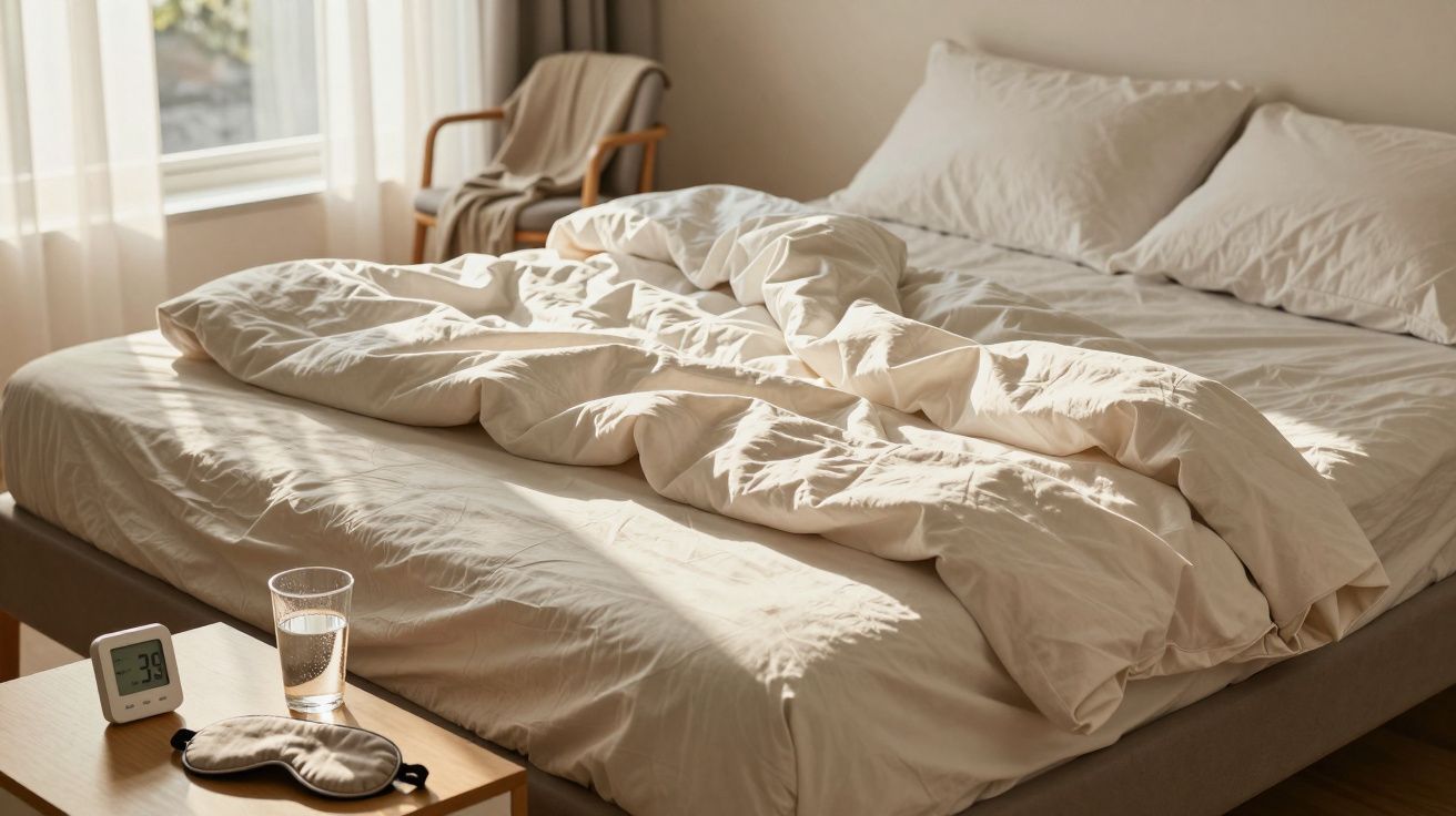 Cama deshecha con sábanas blancas en habitación luminosa, mesilla con vaso de agua y máscara de dormir.